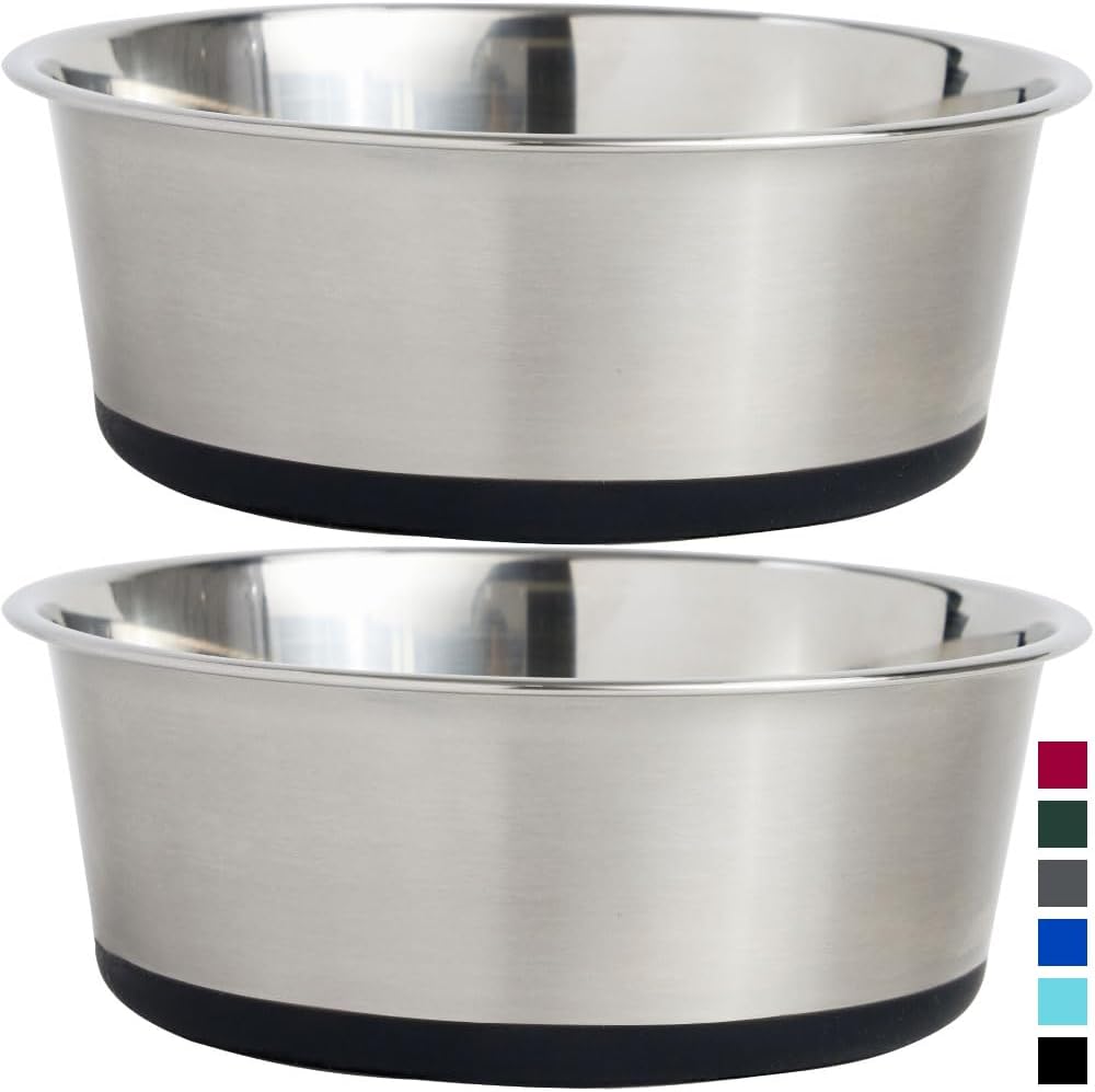 Gorilla Grip Stainless Steel Metal Dog Bowl Set of 2, Rubber Base, Heavy Duty, Rust Resistant, Food Grade BPA Free, Less Sliding, Quiet Pet Bowls for Cats and Dogs, Holds 3 Cups (24 fl oz), Black