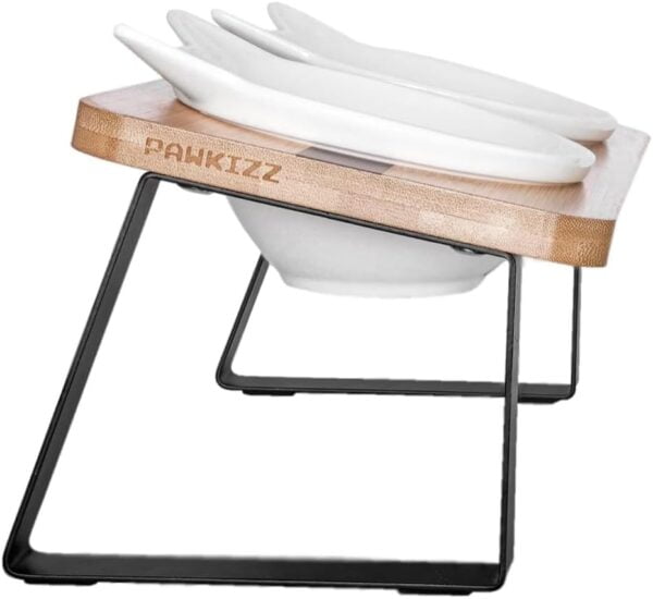 517EZXLk2EL._AC_SL1000 Elevated Cat Ceramic Bowls Stand for Food and Water, Small Dog, Anti Vomit, Indoor cats, Tilted Feeding Position, Full Bamboo Body Stand with Food Grade, Whisker Friendly Dish for Cats and Puppy