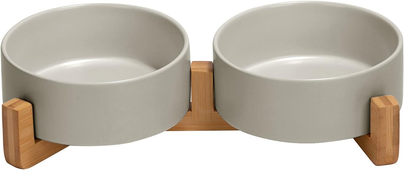 51O0035rG9L._AC_SL1500 SPUNKYJUNKY Ceramic Dog and Cat Bowl with Wood Stand Non-Slip Matte Glaze Weighted Food Water Set for Cats &Small Dogs 13.5OZ