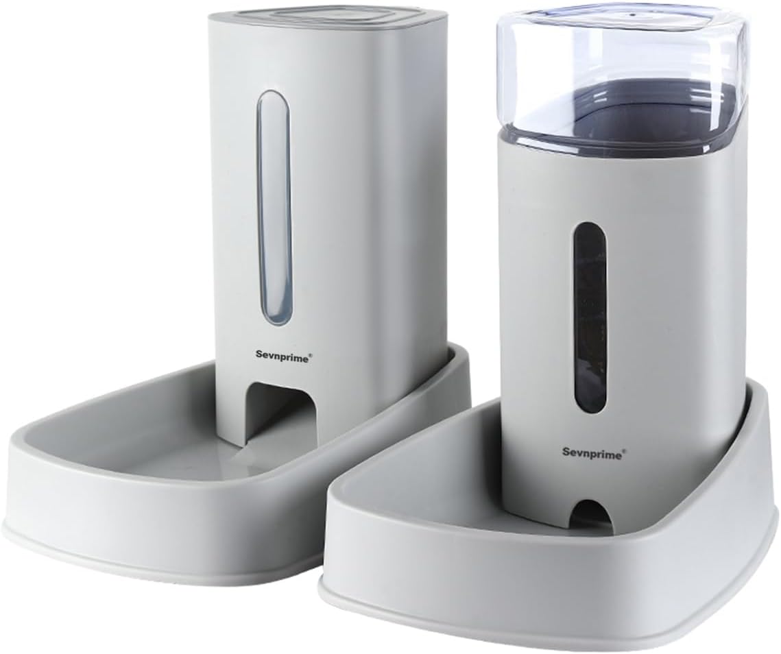 51QKLDxd8hL._AC_SL1200 2PCS Cat Dog Feeder and Waterer Self-Dispensing Gray 3.8L Pets Automatic Feeder and Waterer Dispensing Set 12.8in x 7.87in x 12.2in Feeder and Water Bowl for Small Medium Pets