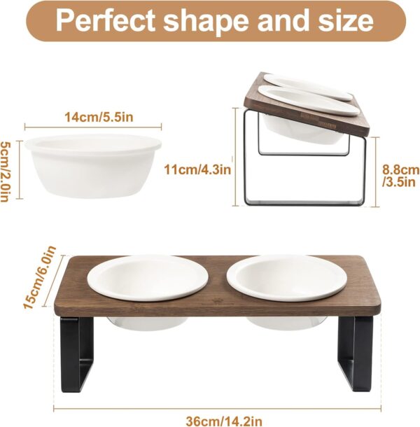 614sIxWzHRL._AC_SL1500 Ceramic Elevated Cat Bowls, Raised Puppy Dishes for Food and Water, Tilted Bamboo Stand for Anti Vomiting, Indoor 5.5 inch Wide Double Dish Orthopedic Anti-Vomiting (Brown)