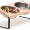 FUKUMARU Elevated Cat Ceramic Bowls, Small Dog 15° Tilted Raised Food Feeding Dishes, Solid Bamboo Water Stand Feeder Set for Cats and Puppy