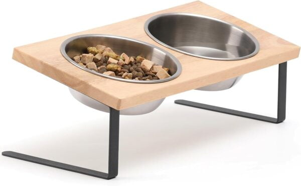 FUKUMARU Elevated Cat Ceramic Bowls, Small Dog 15° Tilted Raised Food Feeding Dishes, Solid Bamboo Water Stand Feeder Set for Cats and Puppy