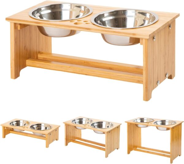 616fkOAAVnL._AC_SL1500 FOREYY Raised Pet bowls for Cats and Small Dogs, Bamboo Elevated Dog Cat Food and Water Bowls Stand Feeder with 2 Stainless Steel Bowls and Anti Slip Feet (4” Tall-20 oz bowl)