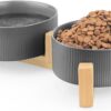 617kyVfThbL._AC_SL1500 Ptlom Ceramic Pet Bowls for Dog and Cat, No Spill Dog Food and Water Bowl Set with Anti-Slip Wooden Stand, Riased Puppy Feeding Dishes Suitable for Small, Medium and Large Cats Dogs, Green 28 OZ