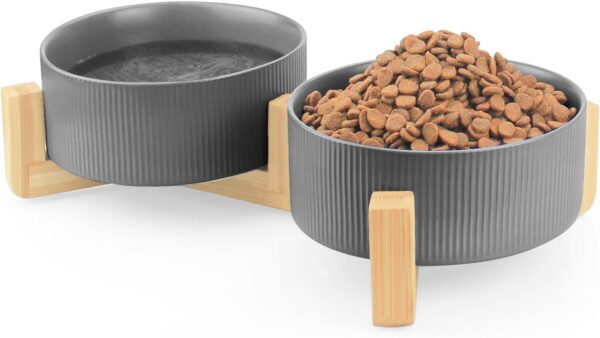 617kyVfThbL._AC_SL1500 Ptlom Ceramic Pet Bowls for Dog and Cat, No Spill Dog Food and Water Bowl Set with Anti-Slip Wooden Stand, Riased Puppy Feeding Dishes Suitable for Small, Medium and Large Cats Dogs, Green 28 OZ