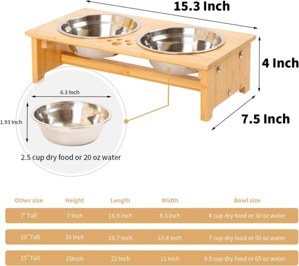 61D9BkjyXUL._AC_SL1500 FOREYY Raised Pet bowls for Cats and Small Dogs, Bamboo Elevated Dog Cat Food and Water Bowls Stand Feeder with 2 Stainless Steel Bowls and Anti Slip Feet (4” Tall-20 oz bowl)