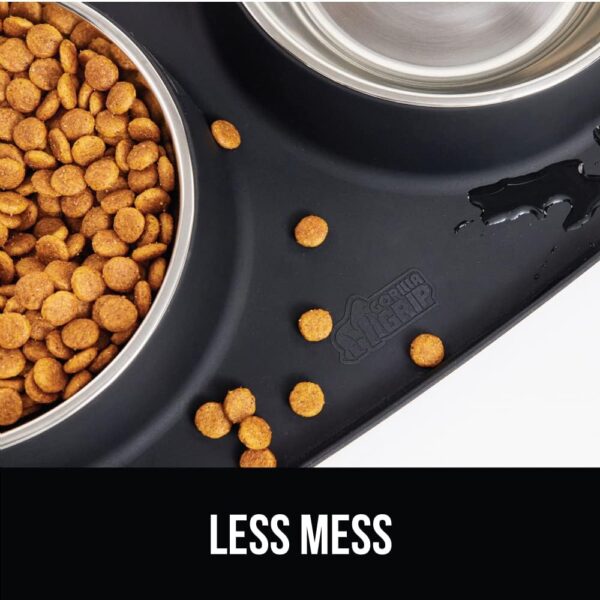 Gorilla Grip 100% Waterproof BPA Free Cat and Dog Bowls Silicone Feeding Mat Set, Stainless Steel Bowl Slip Resistant Raised Edges, Catch Water, Food Mess, No Spills, Pet Accessories, 1 Cup, Black