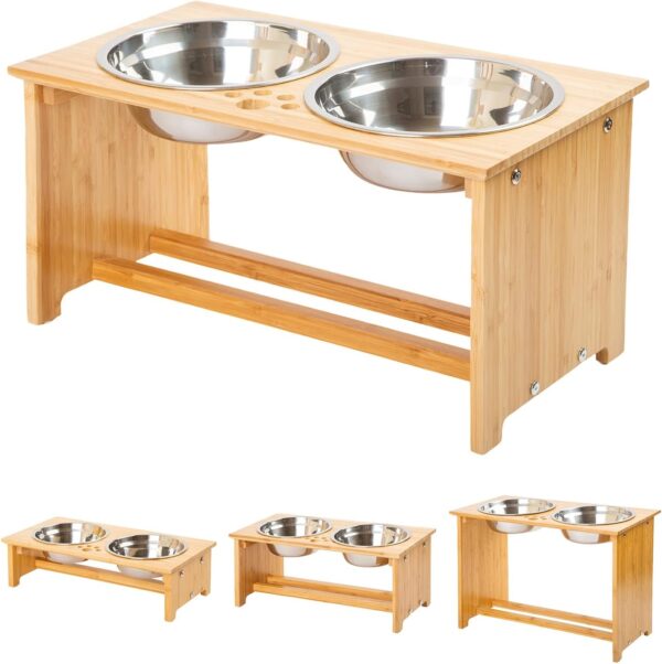 61JfewHE78L._AC_SL1500 FOREYY Raised Pet bowls for Cats and Small Dogs, Bamboo Elevated Dog Cat Food and Water Bowls Stand Feeder with 2 Stainless Steel Bowls and Anti Slip Feet (4” Tall-20 oz bowl)