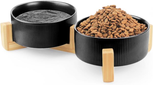 61P8fY81t9L._AC_SL1500 Ptlom Ceramic Pet Bowls for Dog and Cat, No Spill Dog Food and Water Bowl Set with Anti-Slip Wooden Stand, Riased Puppy Feeding Dishes Suitable for Small, Medium and Large Cats Dogs, Green 28 OZ