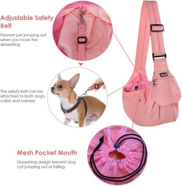Dog Sling Carrier, Hard Bottom Support & Adjustable Soft Padded Shoudler Strap Dog Slings for Small Dogs, Dog Purse with Drawstring Mesh Opening & Zipper Pockets for Puppy Cat Pet (Pink)