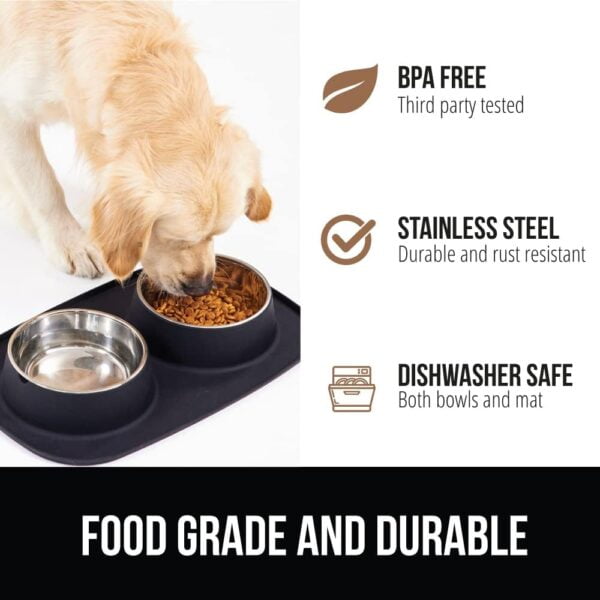 Gorilla Grip 100% Waterproof BPA Free Cat and Dog Bowls Silicone Feeding Mat Set, Stainless Steel Bowl Slip Resistant Raised Edges, Catch Water, Food Mess, No Spills, Pet Accessories, 1 Cup, Black