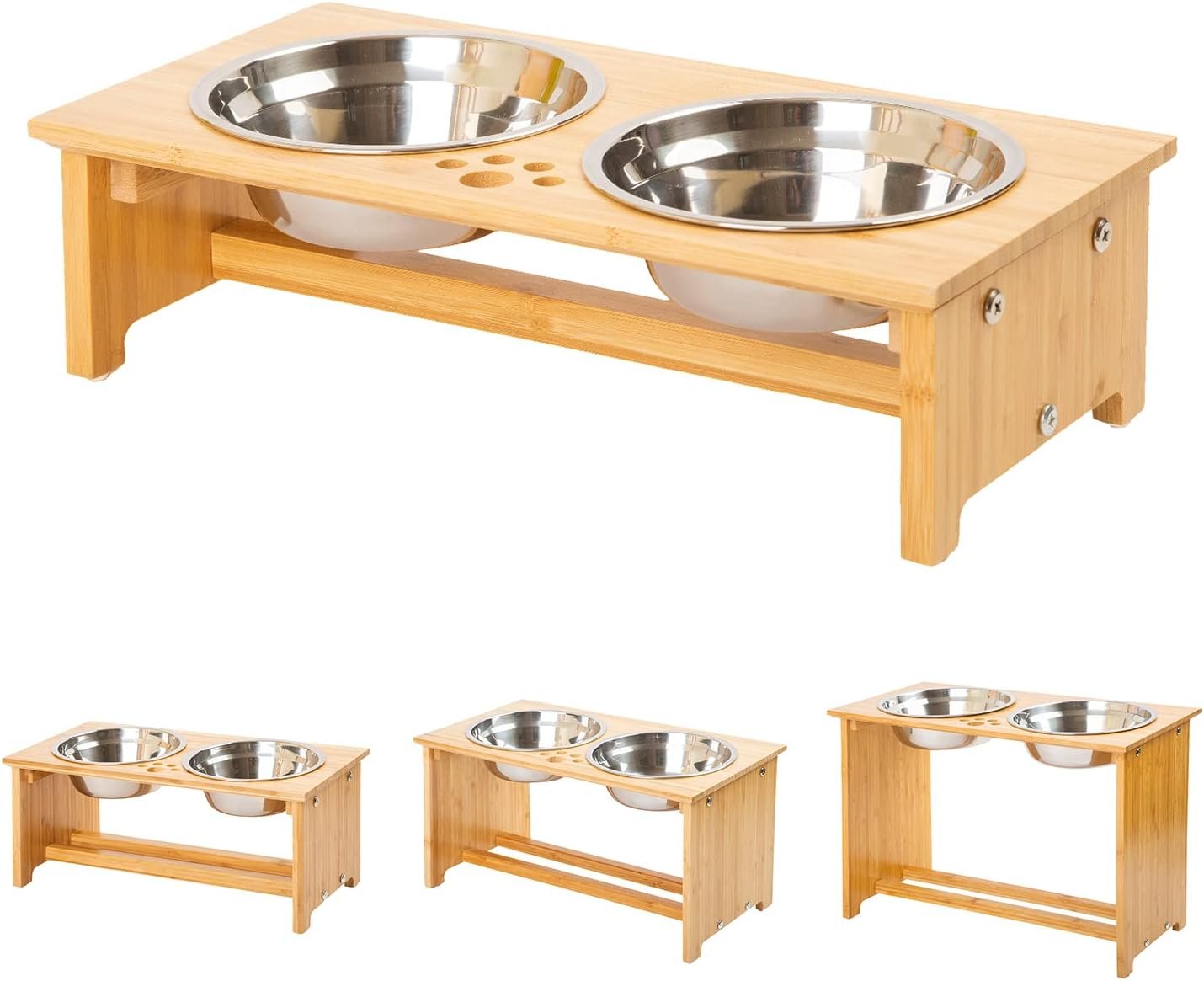 FOREYY Raised Pet bowls for Cats and Small Dogs, Bamboo Elevated Dog Cat Food and Water Bowls Stand Feeder with 2 Stainless Steel Bowls and Anti Slip Feet (4” Tall-20 oz bowl)