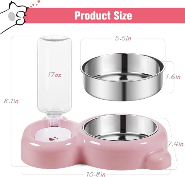 61U8KW6XkgL._AC_SL1500 Dog Bowls, Cat Food and Water Bowl Set with Water Dispenser and Stainless Steel Bowl for Cats and Small Dogs – Pink