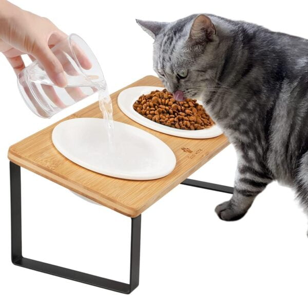 61Y31-MMXnL._AC_SL1050 Ceramic Elevated Cat Bowls, Raised Puppy Dishes for Food and Water, Tilted Bamboo Stand for Anti Vomiting, Indoor 5.5 inch Wide Double Dish Orthopedic Anti-Vomiting (Brown)