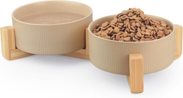 61Z18DEGuFL._AC_SL1500 Ptlom Ceramic Pet Bowls for Dog and Cat, No Spill Dog Food and Water Bowl Set with Anti-Slip Wooden Stand, Riased Puppy Feeding Dishes Suitable for Small, Medium and Large Cats Dogs, Green 28 OZ