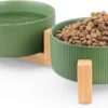 61i1ftnuh1L._AC_SL1500 Ptlom Ceramic Pet Bowls for Dog and Cat, No Spill Dog Food and Water Bowl Set with Anti-Slip Wooden Stand, Riased Puppy Feeding Dishes Suitable for Small, Medium and Large Cats Dogs, Green 28 OZ