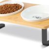 Ceramic Elevated Cat Bowls, 10° Tilted Raised Cat Food Bowls for Food and Water, Indoor Cat Dishes with Bamboo Stand Anti Vomiting for Cats and Puppy, Pet Bowl Set with Anti Slip Feet, Dishwasher Safe