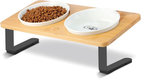 Ceramic Elevated Cat Bowls, 10° Tilted Raised Cat Food Bowls for Food and Water, Indoor Cat Dishes with Bamboo Stand Anti Vomiting for Cats and Puppy, Pet Bowl Set with Anti Slip Feet, Dishwasher Safe