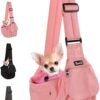 Dog Sling Carrier, Hard Bottom Support & Adjustable Soft Padded Shoudler Strap Dog Slings for Small Dogs, Dog Purse with Drawstring Mesh Opening & Zipper Pockets for Puppy Cat Pet (Pink)