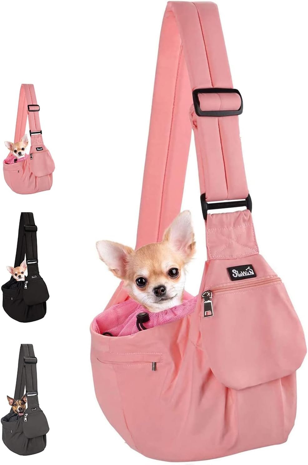 Dog Sling Carrier, Hard Bottom Support & Adjustable Soft Padded Shoudler Strap Dog Slings for Small Dogs, Dog Purse with Drawstring Mesh Opening & Zipper Pockets for Puppy Cat Pet (Pink)