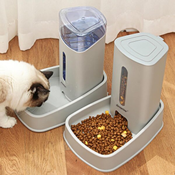 61sSYzdwBWL._AC_SL1200 2PCS Cat Dog Feeder and Waterer Self-Dispensing Gray 3.8L Pets Automatic Feeder and Waterer Dispensing Set 12.8in x 7.87in x 12.2in Feeder and Water Bowl for Small Medium Pets