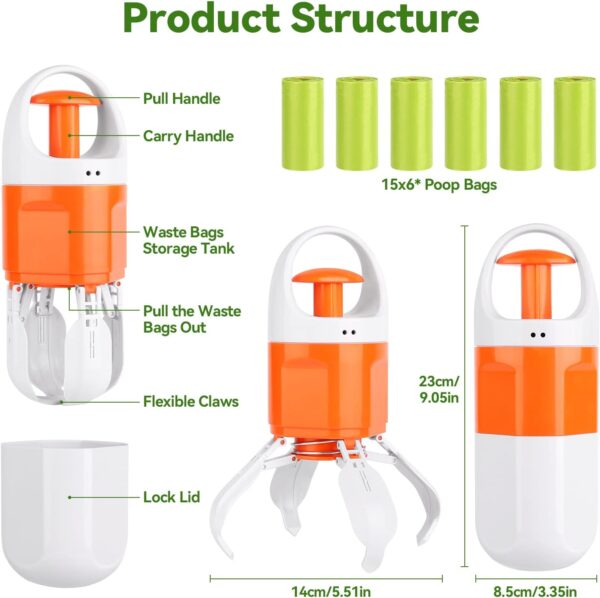 2-in-1 Portable Dog Pooper with 90 Bags, Pet Scooper for Large Medium Small Dogs, Flexible 4 Claws/Hand Shaped Leak-Proof Dog Poop Cleaner, Attachment Storage Container