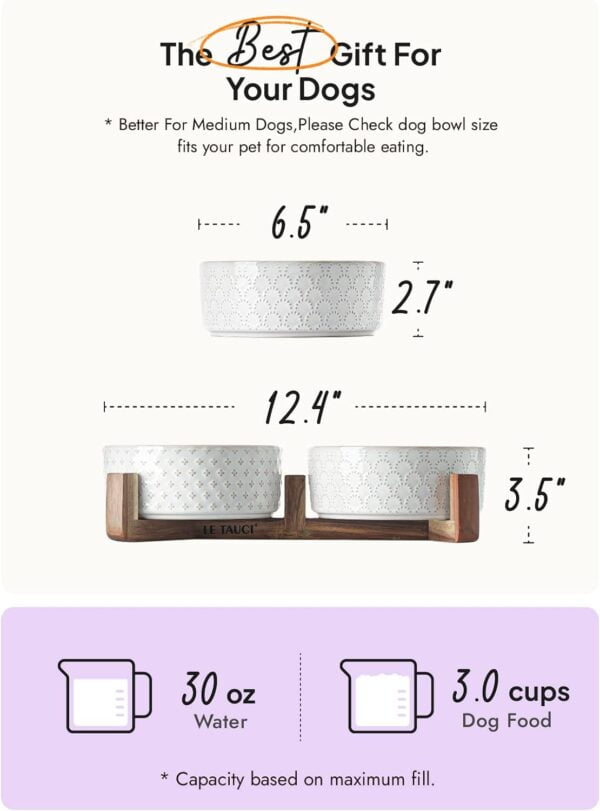 61vdwjnLepL._AC_SL1500 LE TAUCI Dog Bowls Ceramic, Bowl Set with Acacia Wood Stand, 3 Cups Dog Food and Water Bowl for Small Medium Sized, Weighted Dog, Pet Bowls
