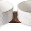 61z2eUBODnL._AC_SL1500 LE TAUCI Dog Bowls Ceramic, Bowl Set with Acacia Wood Stand, 3 Cups Dog Food and Water Bowl for Small Medium Sized, Weighted Dog, Pet Bowls