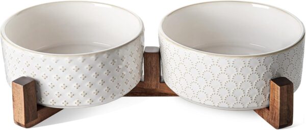 61z2eUBODnL._AC_SL1500 LE TAUCI Dog Bowls Ceramic, Bowl Set with Acacia Wood Stand, 3 Cups Dog Food and Water Bowl for Small Medium Sized, Weighted Dog, Pet Bowls