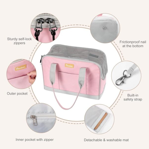 Dog Purse Carrier, Pet Carrier Tote with Pockets, Breathable Soft-Sided Pet Bag with Adjustable Safety Tether Strap for Shopping Travel, Pet Carrier Purse for Small Medium Dog Cat, Pink