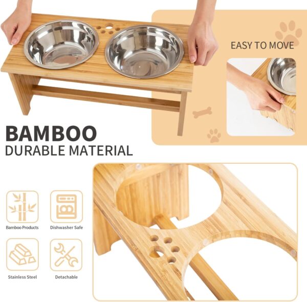 713h8rkzWpL._AC_SL1500 FOREYY Raised Pet bowls for Cats and Small Dogs, Bamboo Elevated Dog Cat Food and Water Bowls Stand Feeder with 2 Stainless Steel Bowls and Anti Slip Feet (4” Tall-20 oz bowl)