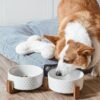 LE TAUCI Dog Bowls Ceramic, Bowl Set with Acacia Wood Stand, 3 Cups Dog Food and Water Bowl for Small Medium Sized, Weighted Dog, Pet Bowls