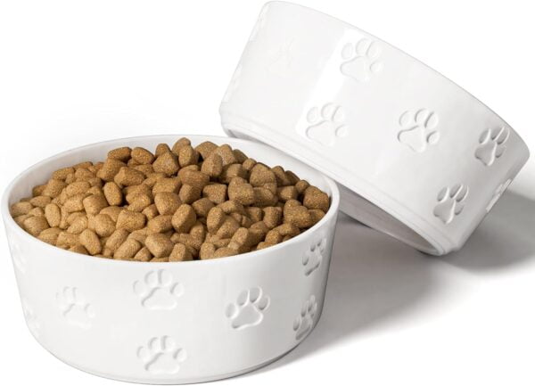 71AKJedZuwL._AC_SL1500 Ceramic Dog Bowl Set with Anti-Slip Rings – 5″ Round x 2″ Tall Set of 2 Ceramic Dog Bowls for Small Dogs – Small Dog Bowls – Dog Food and Water Bowl – White Dog Food Bowls – Dog Bowls Small Size Dog