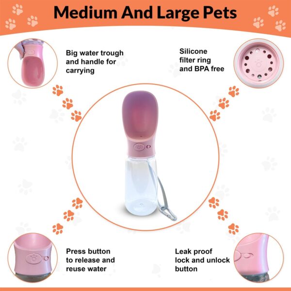Pret & Lively Pet Water Bottle, 19 Oz Leak Proof, Reusable Water Flow Back, Drinking Cup for Travel, Hiking, Walking, Jogging, Service Dog Vest, BPA Grade Plastic, Dogs, Cats, Rabbits (19oz Pink)