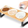 Ceramic Elevated Cat Bowls, 10° Tilted Raised Cat Food Bowls for Food and Water, Indoor Cat Dishes with Bamboo Stand Anti Vomiting for Cats and Puppy, Pet Bowl Set with Anti Slip Feet, Dishwasher Safe