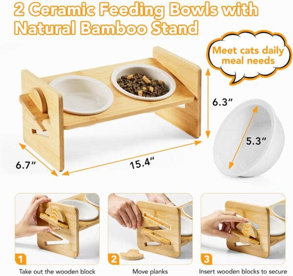 71E7DXs1-IL._AC_SL1500 Elevated Pet Bowls for Cats & Small Dogs, Natural Bamboo with Ceramic Raised Small Dog Bowls, Cat Food Dish Bowls Elevated and 15° Tilted, Whisker Friendly, Dishwasher Safe