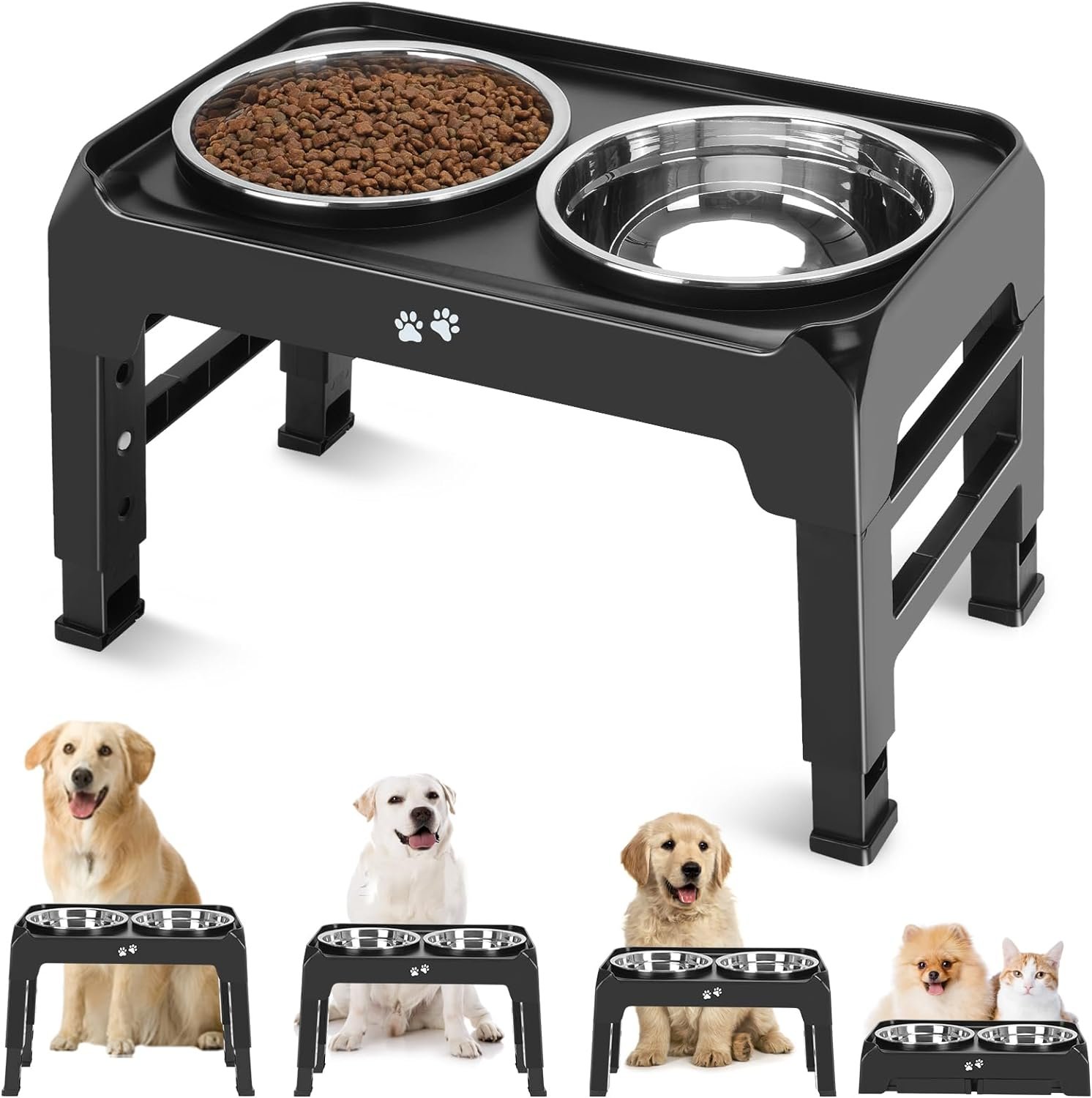 Elevated Dog Bowls, 4 Height Adjustable Raised Dog Bowl Stand with 2 Thick 50oz Stainless Steel Dog Food Bowls Non-Slip Dog Feeder for Large Medium Dogs Adjusts to 3.7″, 9.2″, 10.75″, 12.36″ Black