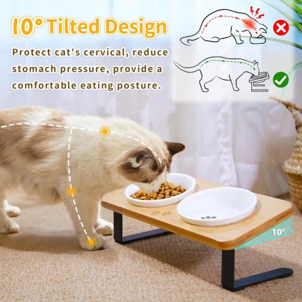 Ceramic Elevated Cat Bowls, 10° Tilted Raised Cat Food Bowls for Food and Water, Indoor Cat Dishes with Bamboo Stand Anti Vomiting for Cats and Puppy, Pet Bowl Set with Anti Slip Feet, Dishwasher Safe
