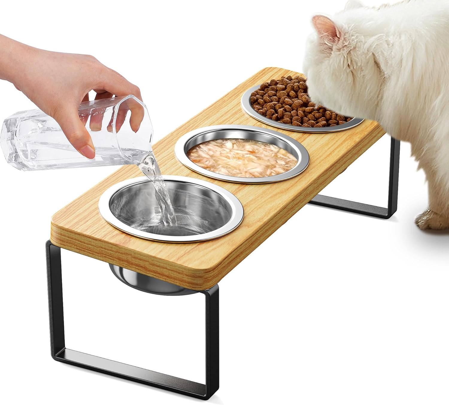 Elevated Cat Bowls with 3 Stainless Steel Bowls | 10° Tilted Anti-Vomiting Raised Cat Food Bowls for Small Cats and Puppies Pet Bowls with Stand