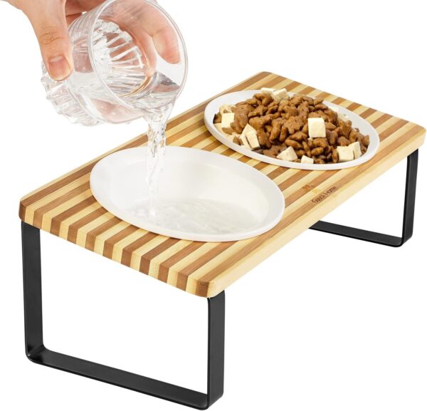 71Jw4ghX1AL._AC_SL1500 Ceramic Elevated Cat Bowls, Raised Puppy Dishes for Food and Water, Tilted Bamboo Stand for Anti Vomiting, Indoor 5.5 inch Wide Double Dish Orthopedic Anti-Vomiting (Brown)