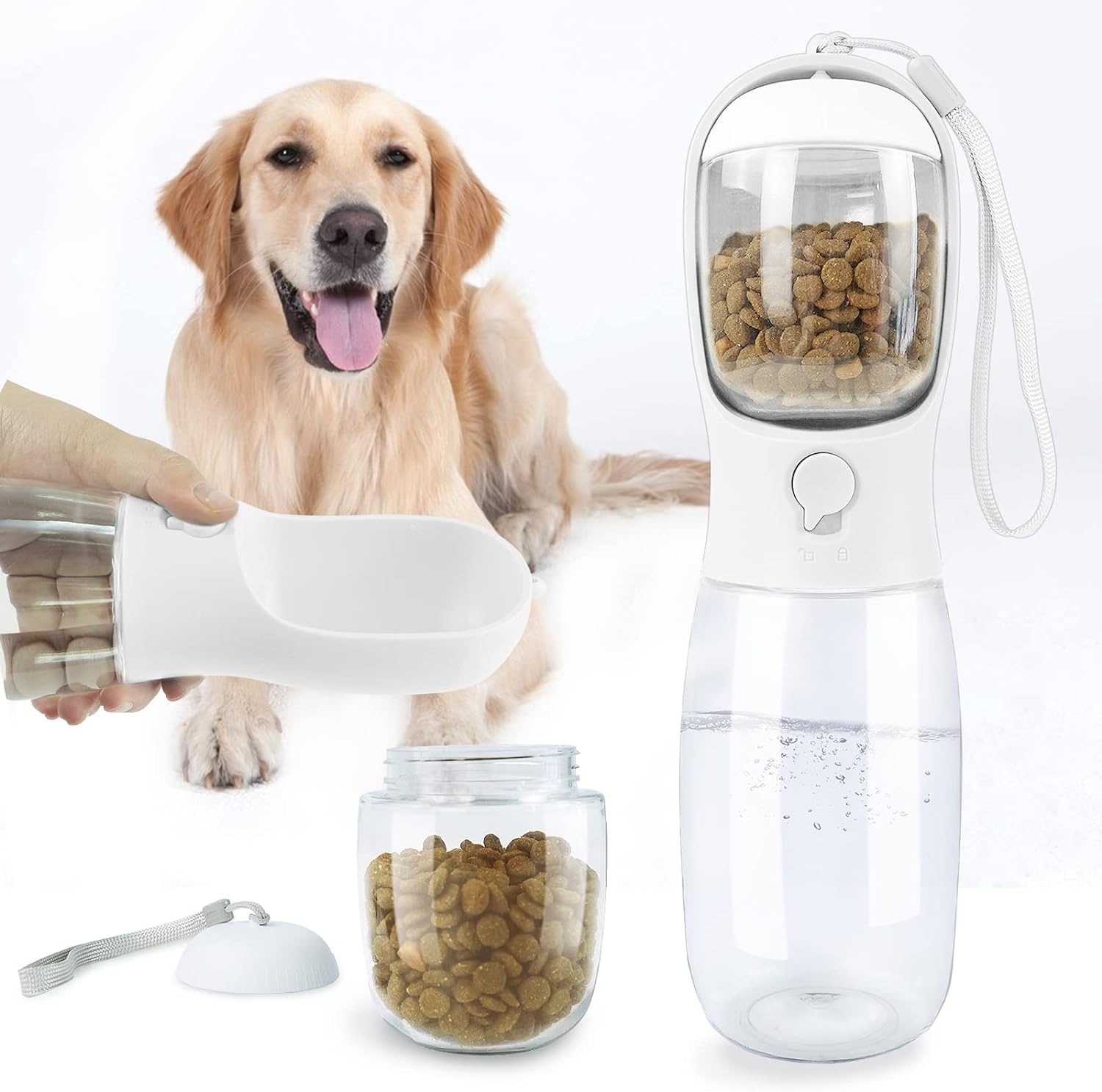 Dog Water Bottle with Food Container, Leak Proof Portable Dog Water Bowl, Drinking Feeder & Dish Bowl, Unique Dog Travel Accessories for Yorkie Chihuahua Walking, Hiking (19oz White)