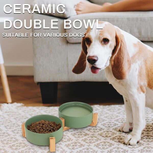 71QC6UF5QzL._AC_SL1500 Ptlom Ceramic Pet Bowls for Dog and Cat, No Spill Dog Food and Water Bowl Set with Anti-Slip Wooden Stand, Riased Puppy Feeding Dishes Suitable for Small, Medium and Large Cats Dogs, Green 28 OZ