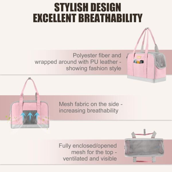 Dog Purse Carrier, Pet Carrier Tote with Pockets, Breathable Soft-Sided Pet Bag with Adjustable Safety Tether Strap for Shopping Travel, Pet Carrier Purse for Small Medium Dog Cat, Pink