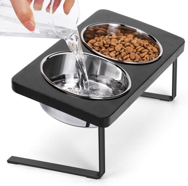 Elevated Cat Bowls, 15° Tilted Raised Cat Food Bowls Wood Pet Bowls with Stand Anti Vomiting 2 Stainless Steel Bowls for Cats and Puppy