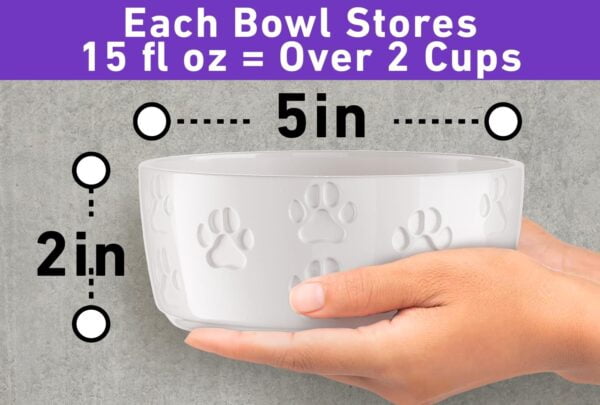71ZeqiKawiL._AC_SL1500 Ceramic Dog Bowl Set with Anti-Slip Rings – 5″ Round x 2″ Tall Set of 2 Ceramic Dog Bowls for Small Dogs – Small Dog Bowls – Dog Food and Water Bowl – White Dog Food Bowls – Dog Bowls Small Size Dog