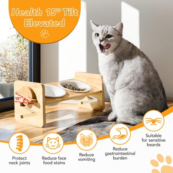 71_XBxJ9ivL._AC_SL1500 Elevated Pet Bowls for Cats & Small Dogs, Natural Bamboo with Ceramic Raised Small Dog Bowls, Cat Food Dish Bowls Elevated and 15° Tilted, Whisker Friendly, Dishwasher Safe