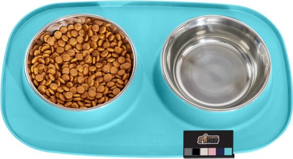 Gorilla Grip 100% Waterproof BPA Free Cat and Dog Bowls Silicone Feeding Mat Set, Stainless Steel Bowl Slip Resistant Raised Edges, Catch Water, Food Mess, No Spills, Pet Accessories, 1 Cup, Black