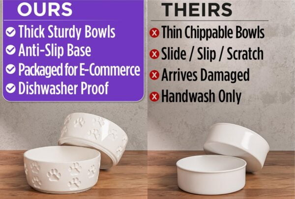 71enS0zKmXL._AC_SL1500 Ceramic Dog Bowl Set with Anti-Slip Rings – 5″ Round x 2″ Tall Set of 2 Ceramic Dog Bowls for Small Dogs – Small Dog Bowls – Dog Food and Water Bowl – White Dog Food Bowls – Dog Bowls Small Size Dog