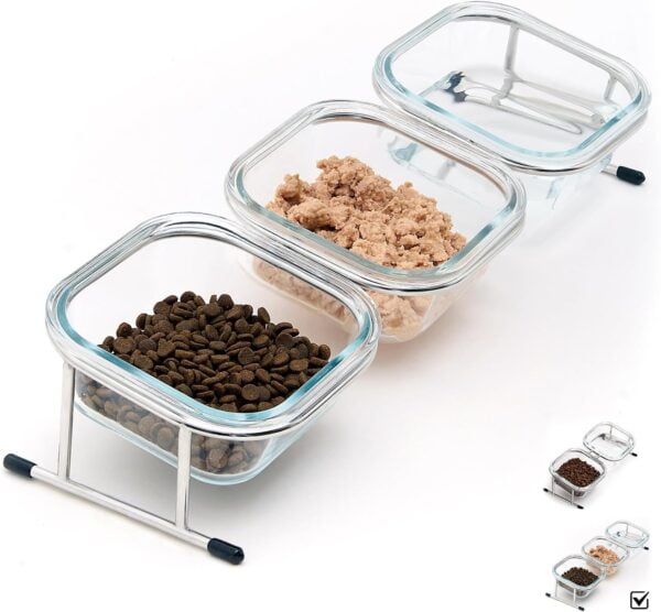 71hBF6akrlL._AC_SL1500 Elevated Cat Bowls, 15° Tilted Glass Raised Cat Food Bowl with Stainless Steel Stand, 2 Large Capacity Glass Cat Bowls and 4 Anti Slip Feet, Suitable for Cats and Little Dogs